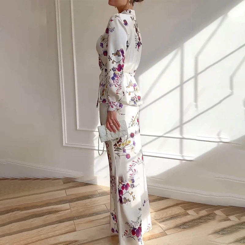 Maxy Ladies V-neck Long Sleeved Top and Skirt Two Piece Sets Spring Fashion Floral Print Slim Fit Suit Elegant Lace Up Party Outfits