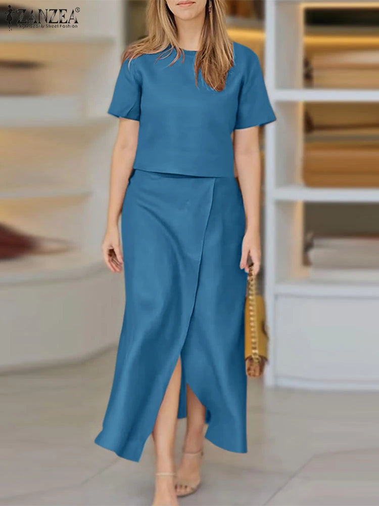 Maxy ZANZEA Casual Solid Matching Sets Vintage Short Sleeve Short Tops Outfits Holiday Fishtail Skirt Suits Women 2pcs Dress Sets