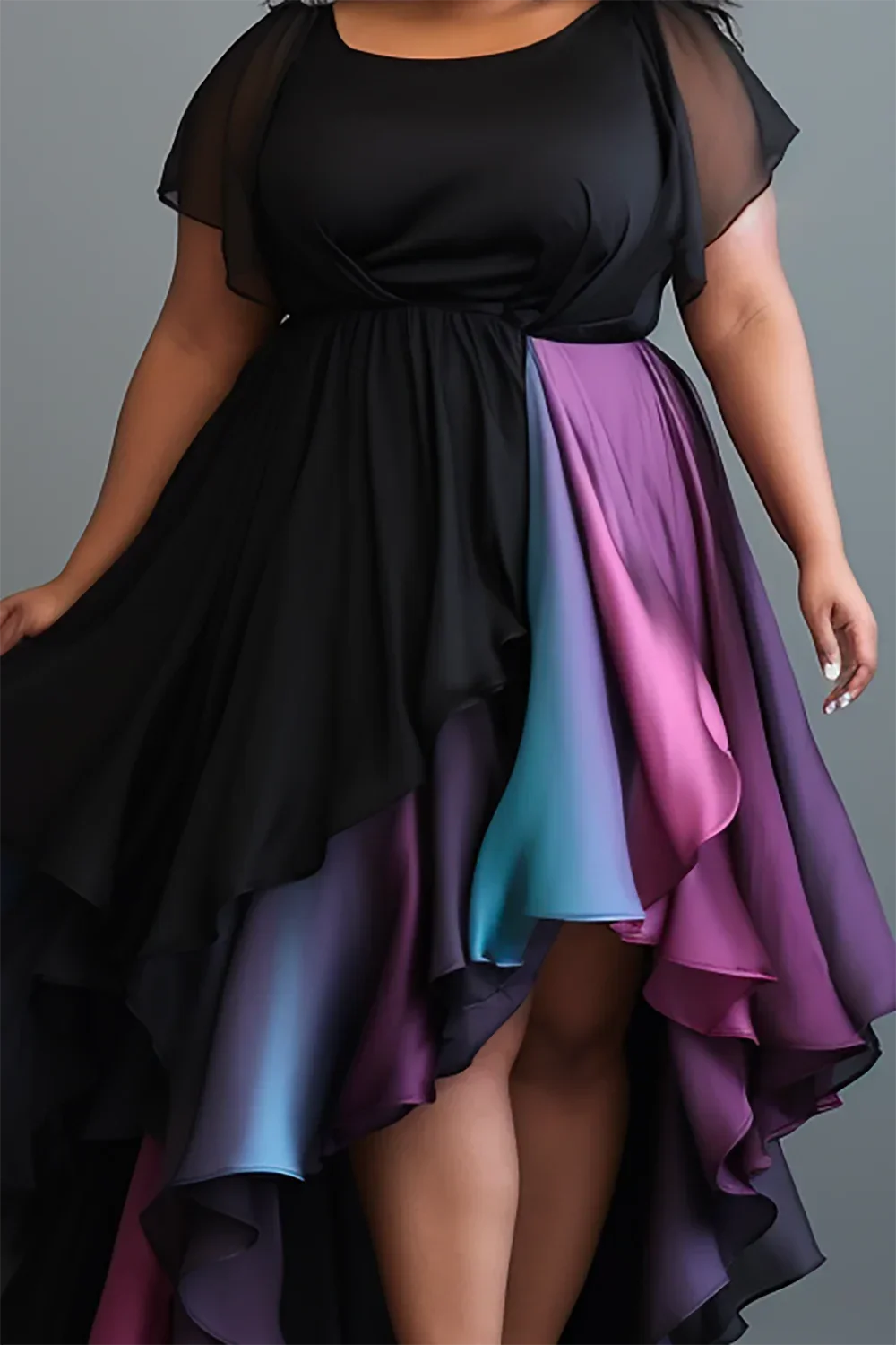 Amay Plus Size Purple Asymmetric Hem Midi Dress round Neck Wedding Guest Women's Fashion Elegant Party Gown