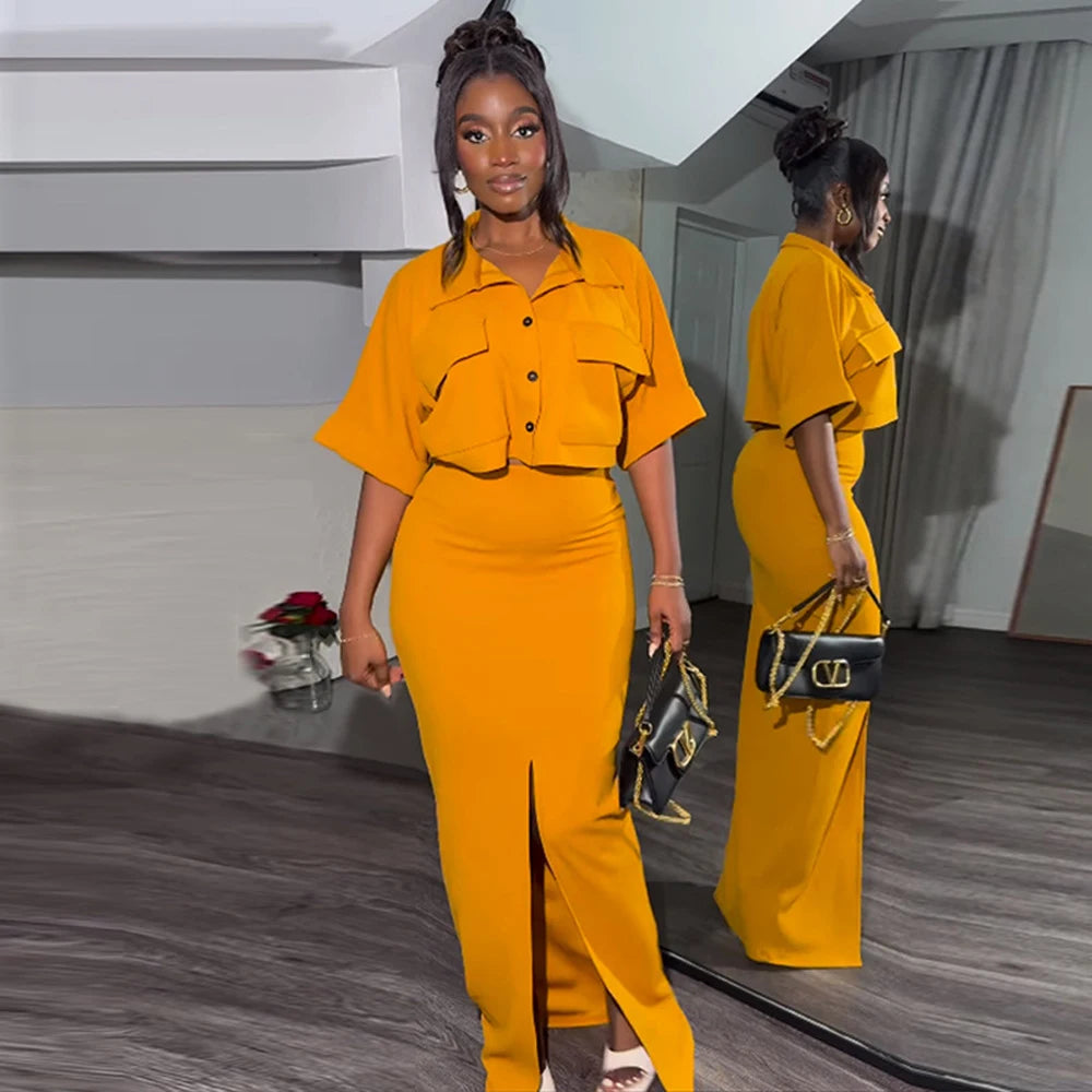 Maxy Latest Design Skirt Set Polo Collar Short Shirt Top and Long Split Skirt Set 2 Two Piece Summer Outfits for Women Elegant