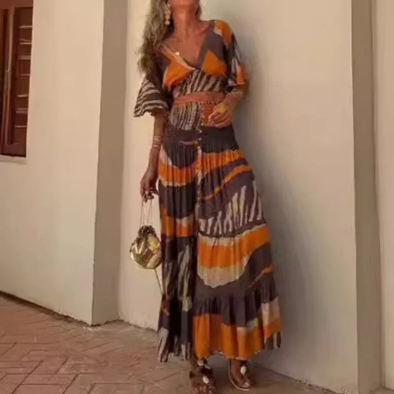 Maxy Boho Dress Women's Sexy Deep V-belt Top Set Skirt Pleated Slit Casual Beach Skirt Temperament Commuting Summer