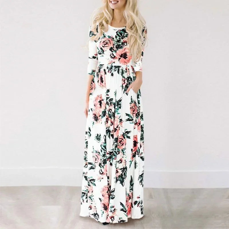 Maxy Women Summer Long Dress Floral Print Boho Beach Dress Ladies White Maxi Evening Party Dress Sundress