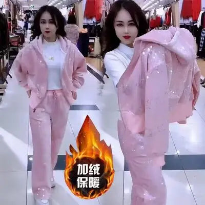 Maxy Fashion Pink Casual Suit for Women Autumn Winter New Gold Velvet Sequins Pearl Embroidery Sweatshirt Sports Pants Two-Piece Sets