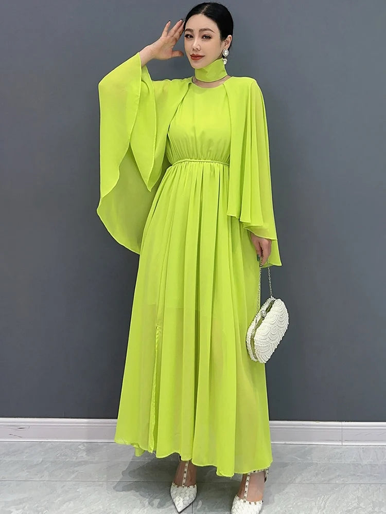 Babs Summer New Flare Sleeves Dress For Women Fashion Slimming Big Swing Chiffon Shawl Long Dresses Female Robe C1094