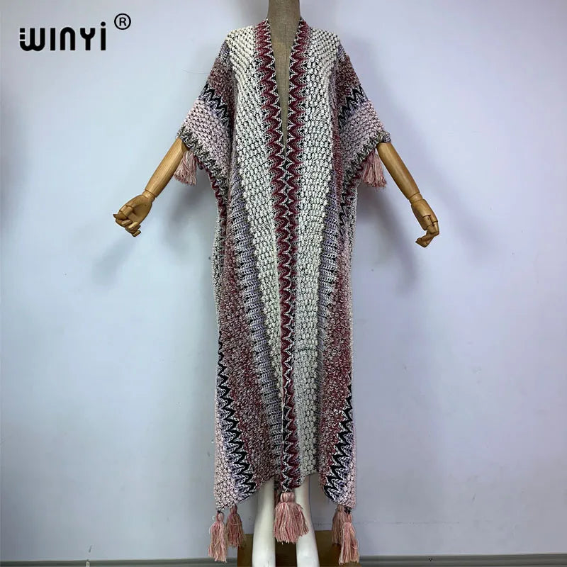 WINYI woman Winter tassel Knitted cardigan print coat Loose Christmas Africa Fashion hipster party dress Thick Warm Female cloke