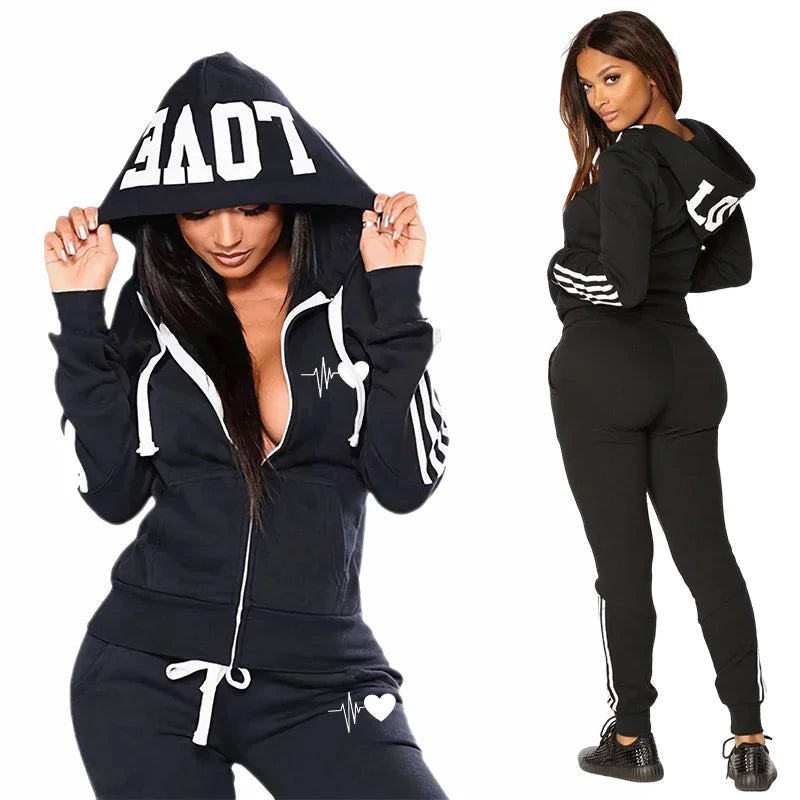 Maxy Heart Print Hoodie Sweatpants 2 Piece Set Autumn Winter Woman Daily Casual Sporty Jogger Outfit Ladies Sexy Slim Fit Tracksuit