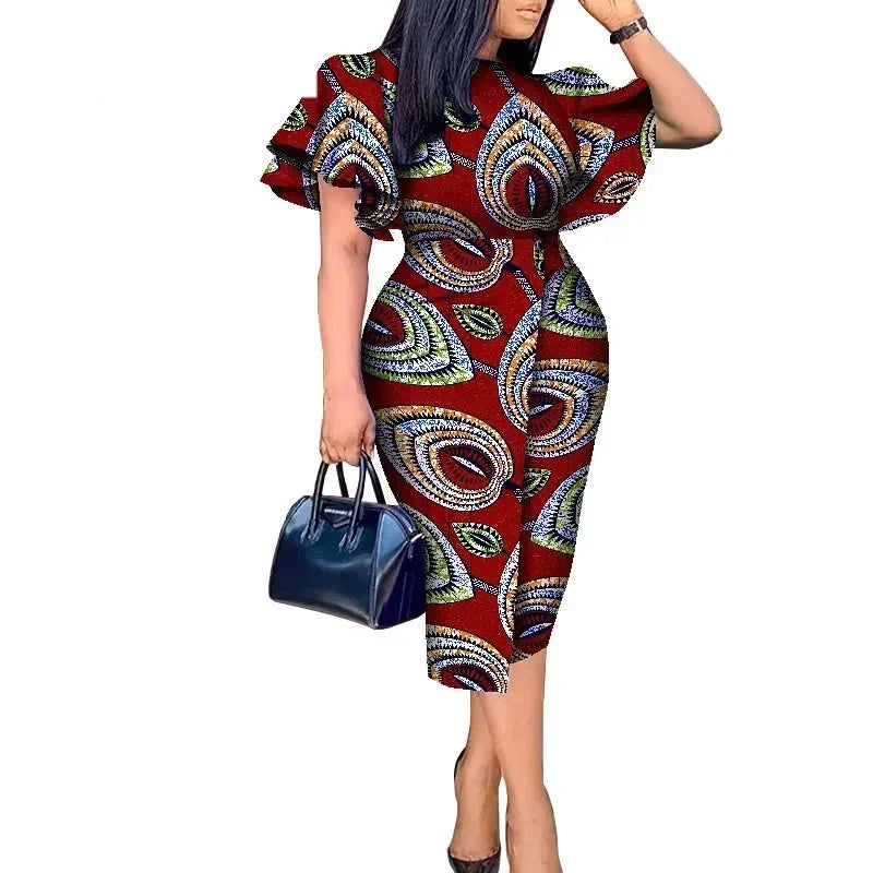 Maxy African Women Clothing Wax Print Kitenge Designs Butterfly Sleeve Dress WY8313