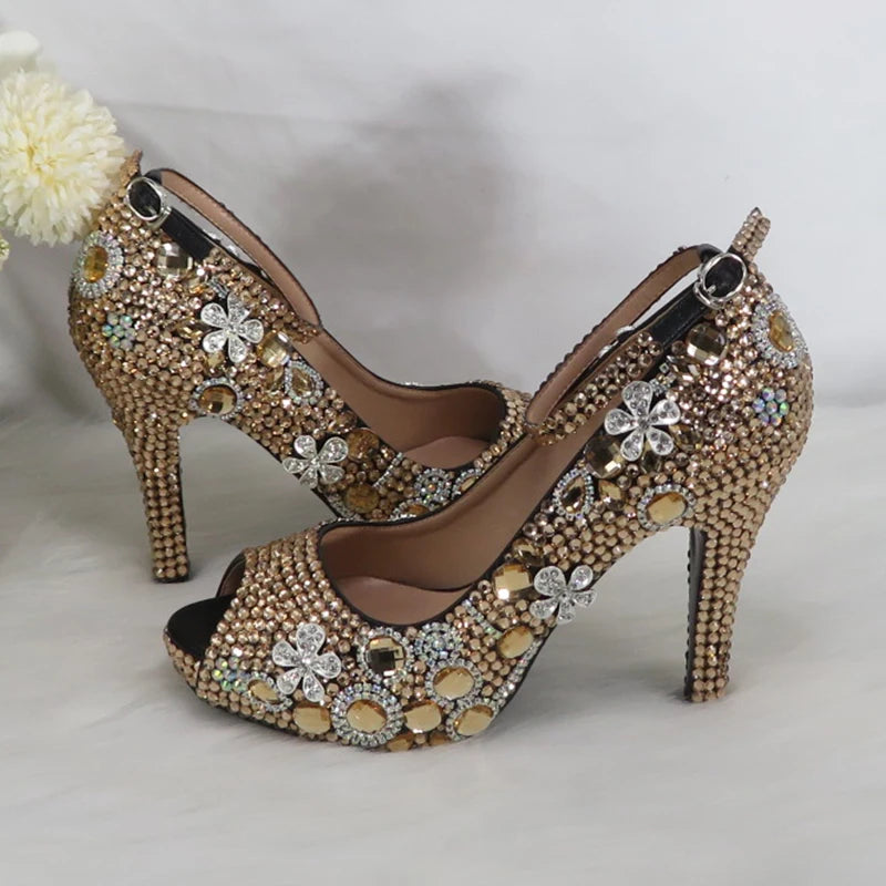 Momsey Peep Toe crystal Woman wedding shoes with matching bags Bridal fashion High Thick heel shoe Women party dress shoes Ankle Strap