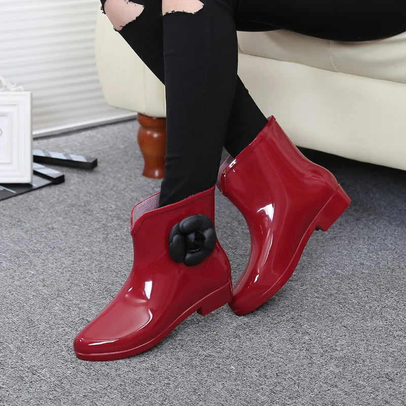 Maxy Women Flower Bowtie Ankle Boot Winter Rain Boots Female Waterproof Solid Rubber Platform Rain Shoes Ladies Footwear