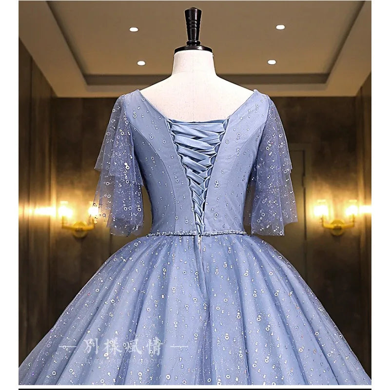 Maxy Women's Sexy Glitter V-neck Evening Dress Fashionable Slimming Banquet Pong Skirt Performance Beautiful Sound Big Swing Dress
