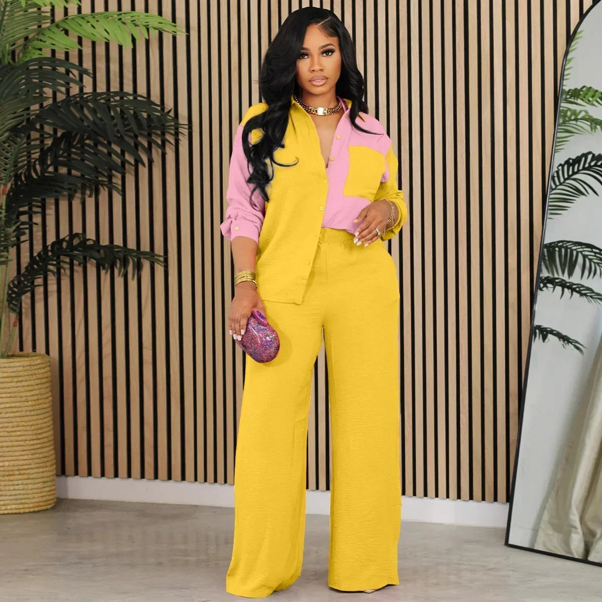 Ueteey Fashion Women's Set Long Sleeve Color Blocked Shirt and Wide Leg Straight Pants 2024 Two 2 Piece Sets Outfits Tracksuit