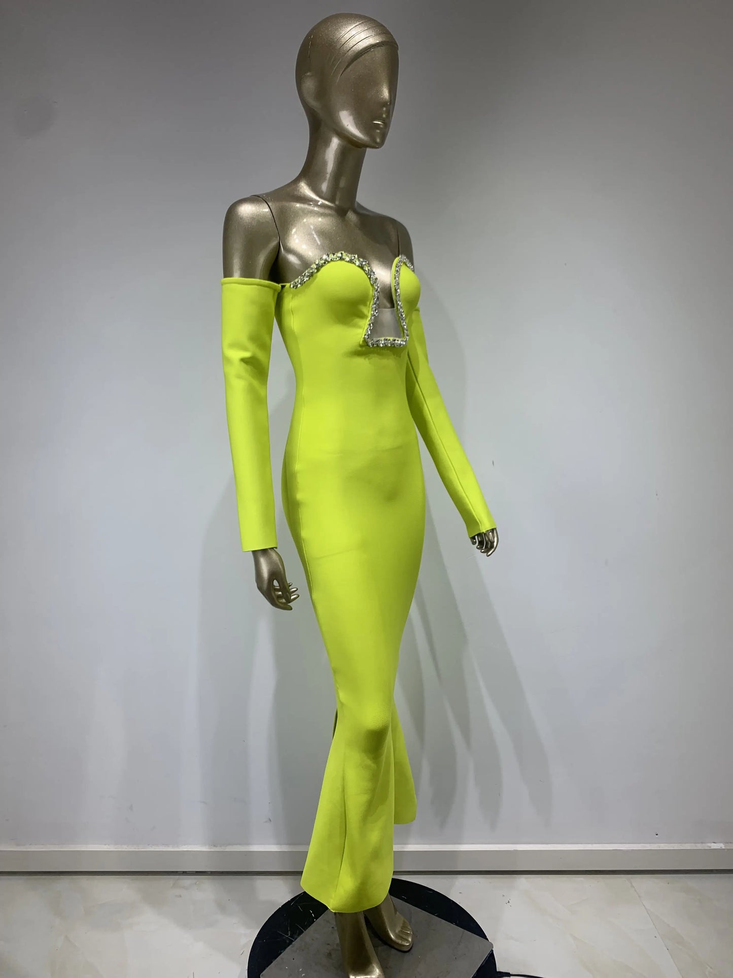 Maxy Neon Bandage Dress Party Evening Elegant Luxury Celebrity Women Off Shoulder Long Sleeve Crystal Long Birthday Gowns