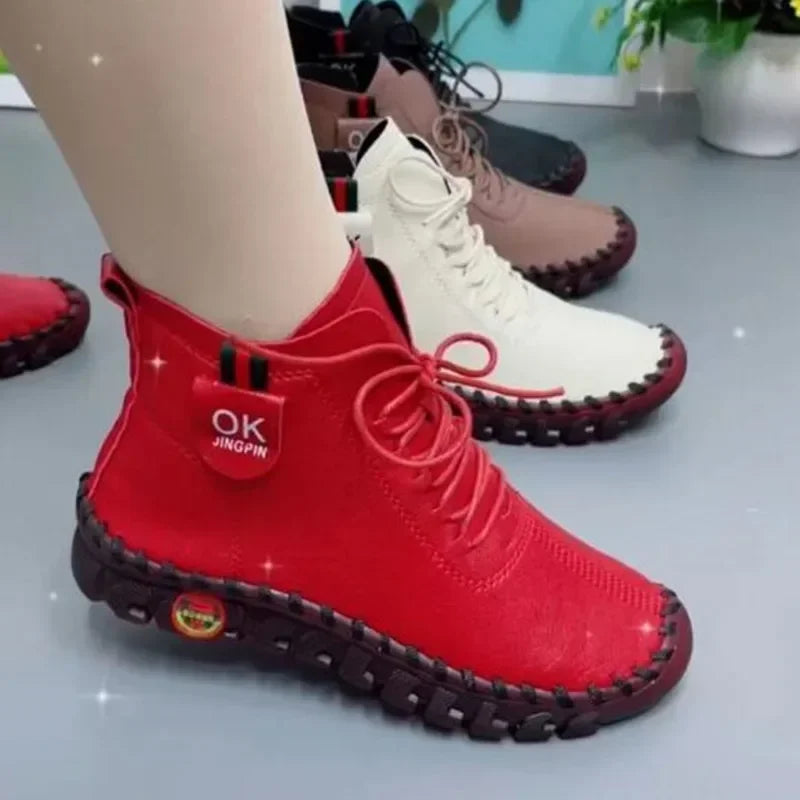 Maxy NEW Women Shoes Autumn Loafers Lace Up Sneakers Casual Flats Solid Soft Bottom Boots Leather High-Top Sneaker Female Shoes