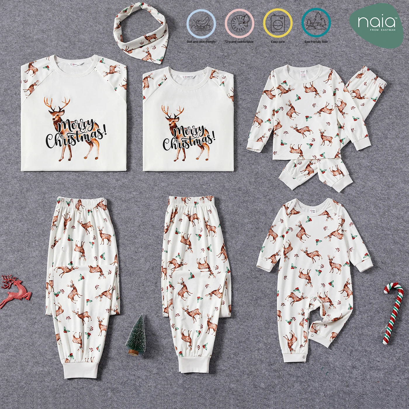 Maxy PatPat Christmas Family Matching Reindeer & Letter Print Long-sleeve Naia™ Pajamas Sets (Flame Resistant)