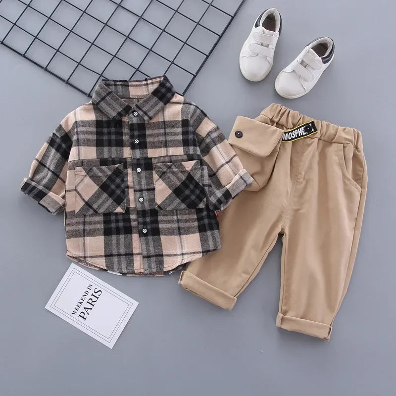 Toddler Boys Clothes Autumn Winter Kids Plaid Sets Turn-Down Shirt+Pant with Bag 2pcs Outfit Children Clothing Suit For Boy