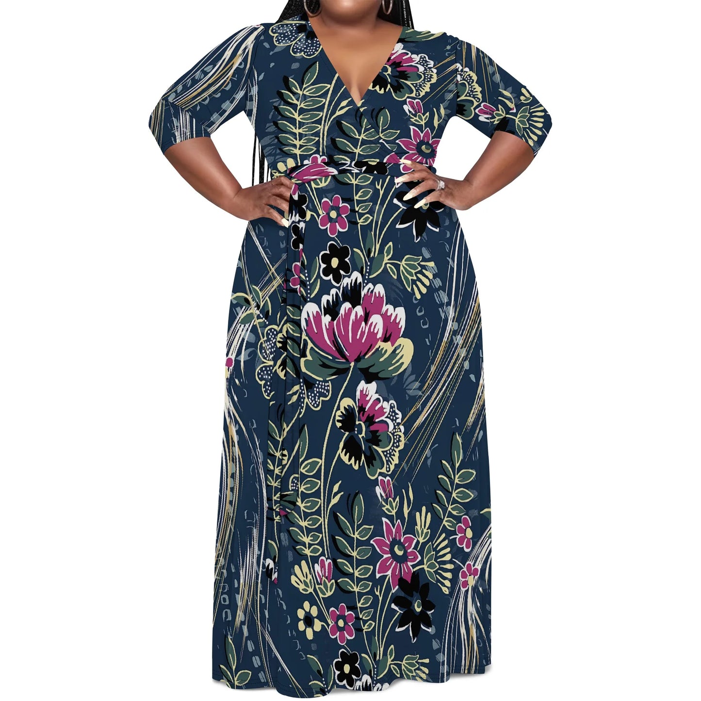 Maxy Plus Size Women's V-Neck Half Sleeve Abstract Floral Maxy Dress Elegant Summer Vacation Dress