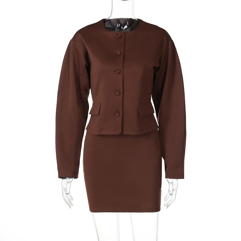 DGLUKE Fashion Mini Skirt Sets For Women 2 Pieces Elegant Woman Suit O-Neck Jacket Coat Skirt Matching Set Winter Outfits