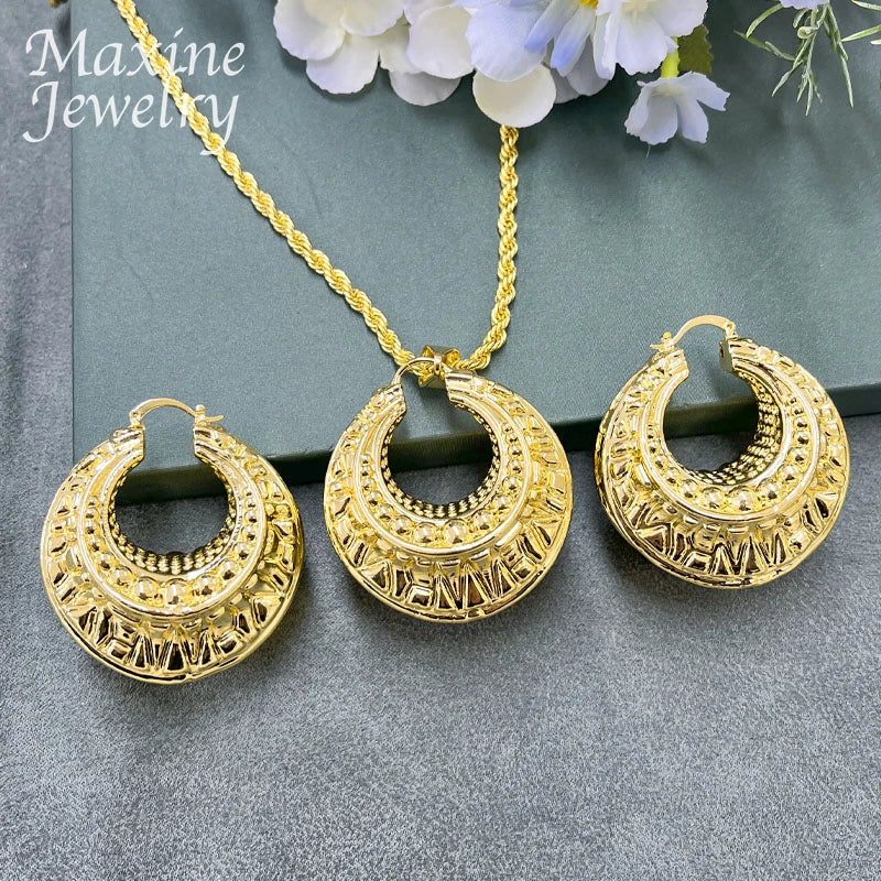 Maxy 24K Gold Plated Jewelry Set for Women Copper Earrings Geometric Pendant Necklace Golden Party Anniversary Wedding Gifts