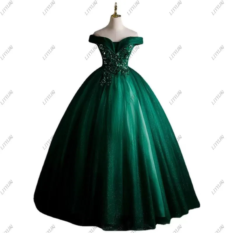 Maxy Dark Green Mexican Quinceanera Dresses Ball Gown Off the Shoulder Sequined Beading Tulle Birthday Vestidos De XV Anos Ball Gowns