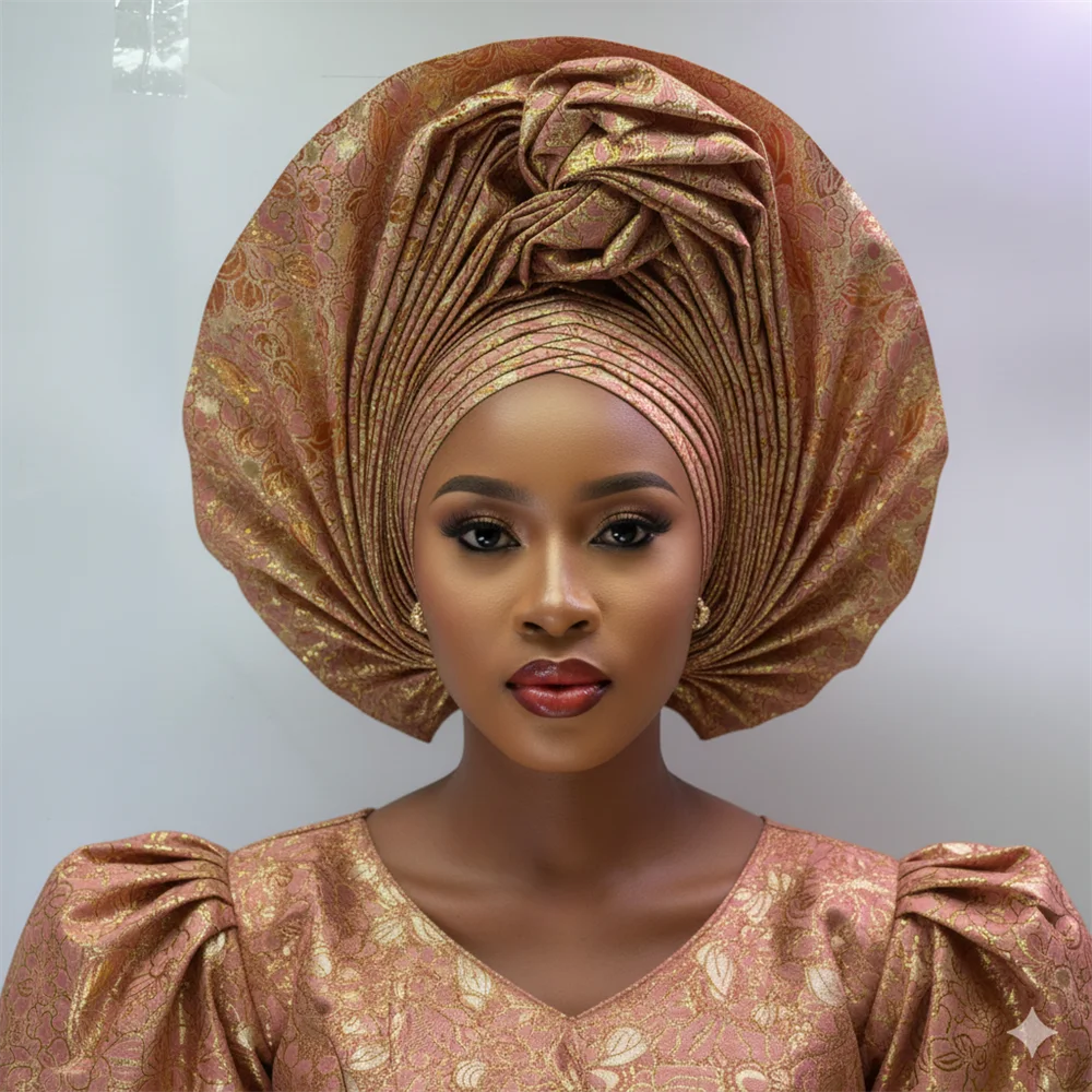 Maxy Head tie Luxury Gold Gele Aso Ebi Already Made Head tie Turban Cap Women's Head Wear