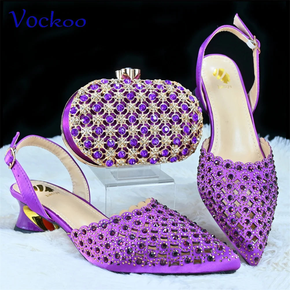 Maxy Fashion Purple Color Magazine Hollow Design Noble and Elegant Women's Low Heeled Shoes Paired with Evening Bags.