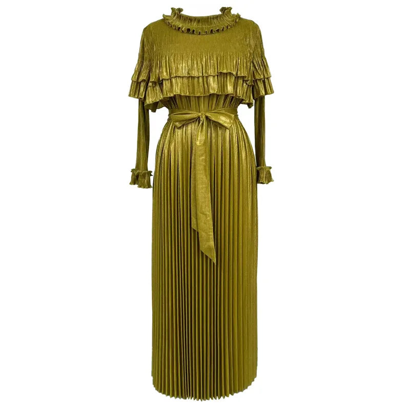 Maxy Fashion Plus Size Loose Gold Dress for Women Light Luxury Long Sleeve Lace-up Party Gown Casual Miyake Pleated Dress New
