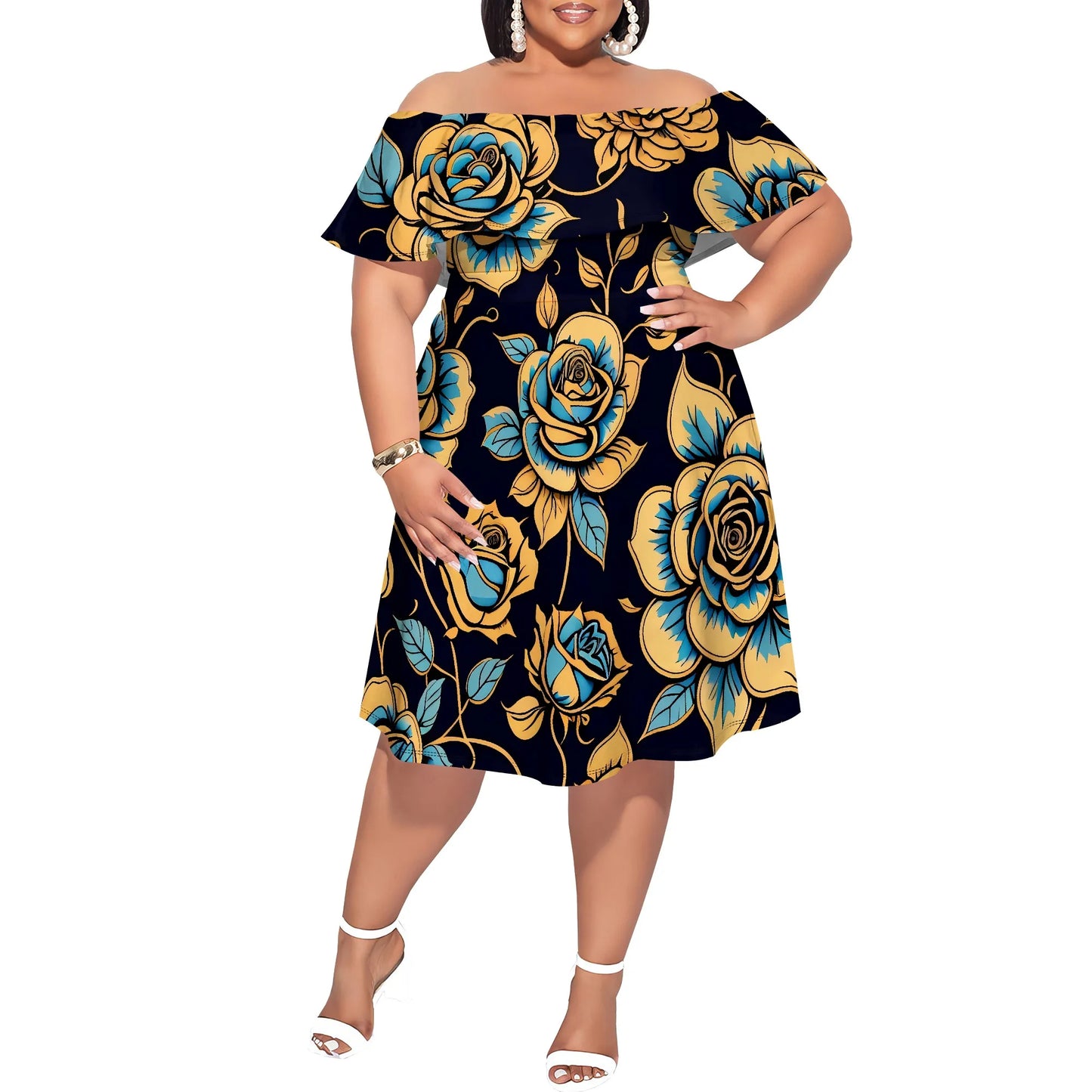 Maxy Plus Size Off Shoulder Short Sleeve Midi Dress Floral Rose Print Navy Blue Elegant Summer Party Casual Dress