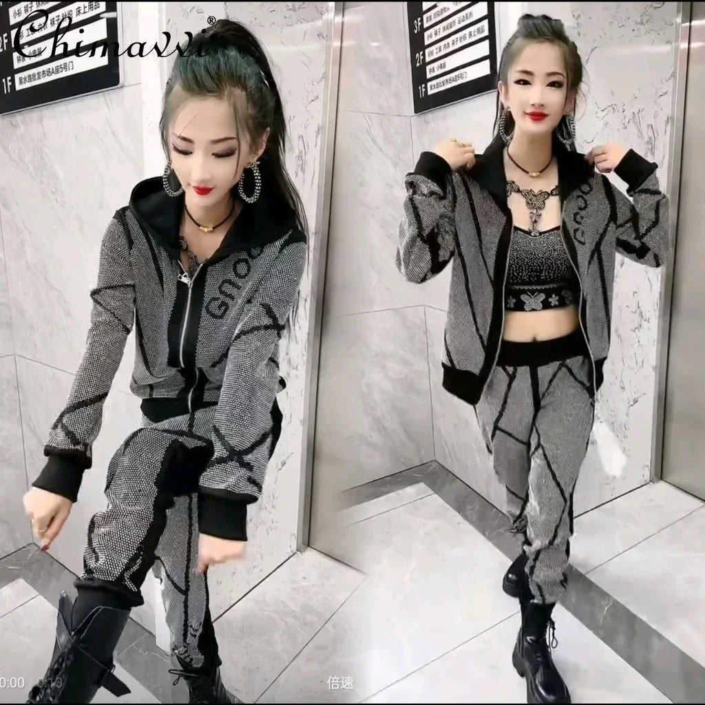 Maxy European Heavy Hot Diamond Thin Casual Sports Two-piece Suit Autumn Fashion Long-sleeved Hooded Jacket Trousers Women's Outfits