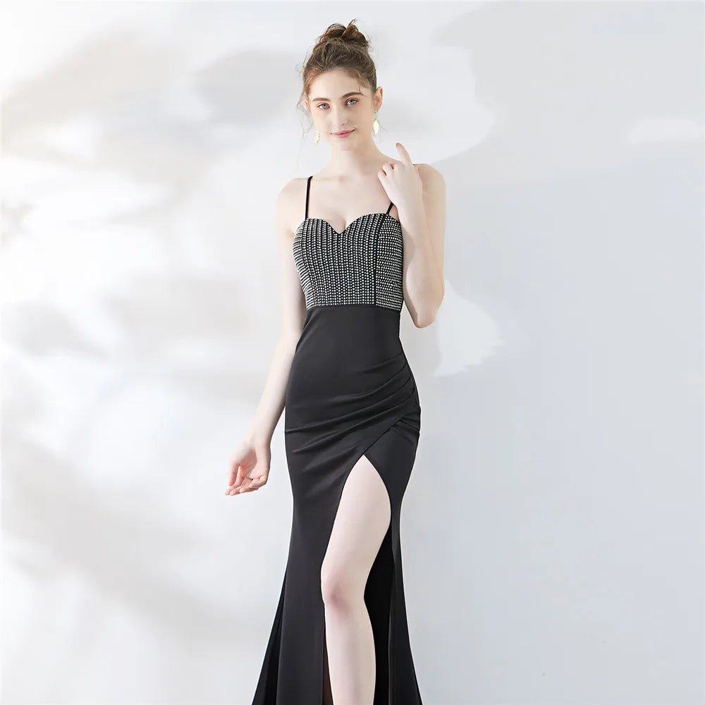Maxy Customized Women's Sexy Strap Dress High Slit Evening Party Wear Crystal Dress