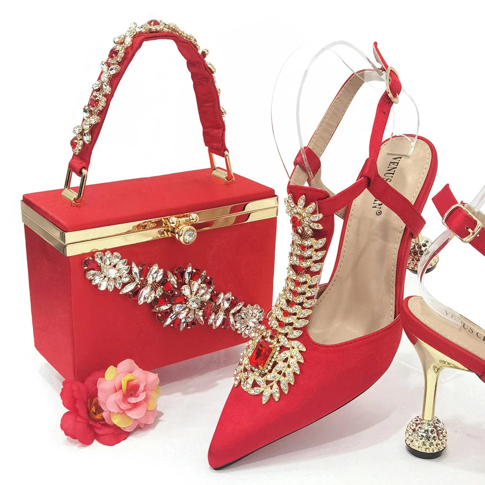 Maxy Newest Red Color Comfortable Streamlined Pointed Toe Women's Shoes Matching Big Crystal Handbag Party Women's Shoes And Bag Set