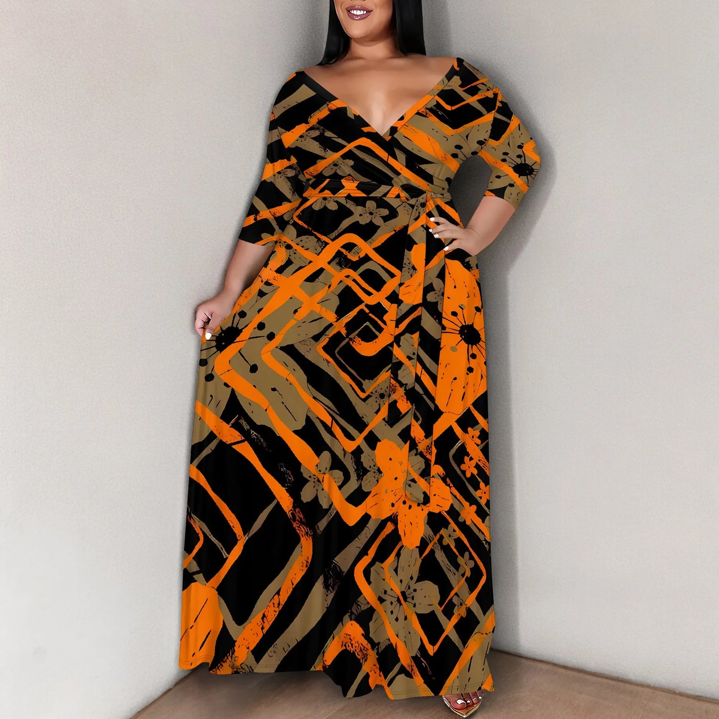 Maxy Plus Size for Women Summer Casual Floral Printing V Neck 3/4 Sleeve Maxy Floor Dress Lace Up Beach Sundress