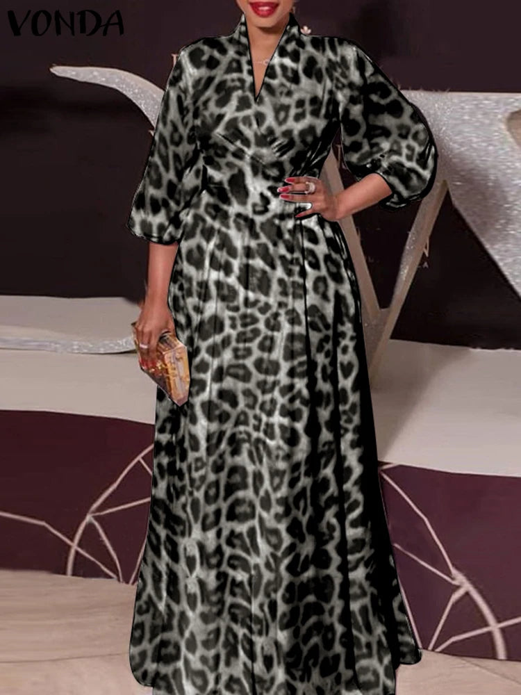 Maxy Plus Size 5XL Autumn Bohemian Dress Elegant Women Leopard Print Dress Long Lantern Sleeve Loose V Neck Casual Party