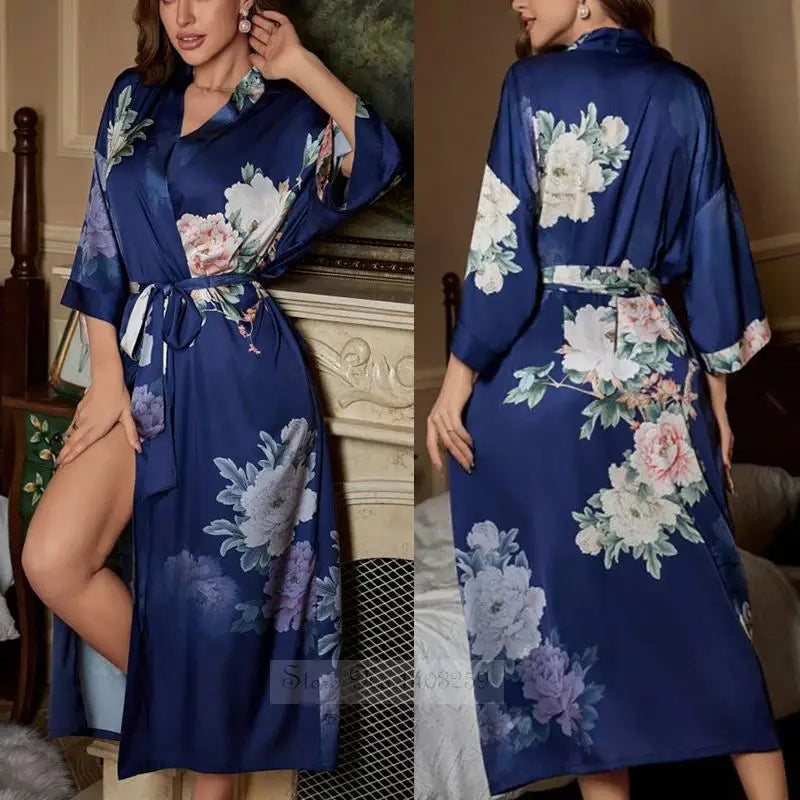 Maxy Japanese Style Half Sleeve Kimono Bathrobe Gown Female Long Robe Nightgown Sleepwear Loose Satin Print Flower Home Dressing Gown