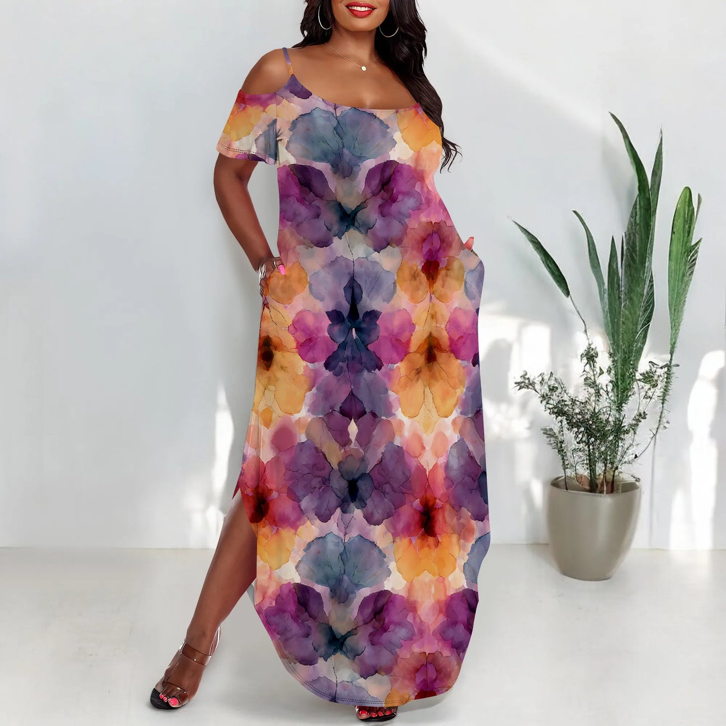 Maxy Plus Size Watercolor Tie Dye Dress Off Shoulder Loose Casual Summer Beach Sundress
