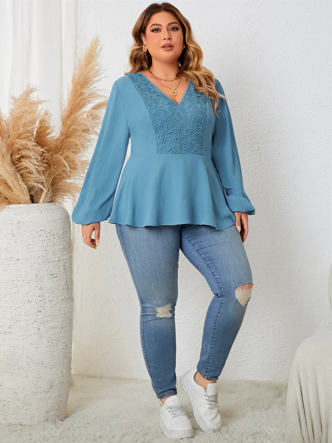 Amay Plus Size V Neck Contrast Lace Women's Top Fashion Vintage Full Lantern Sleeve Elegant Peplum Blouse Autumn New