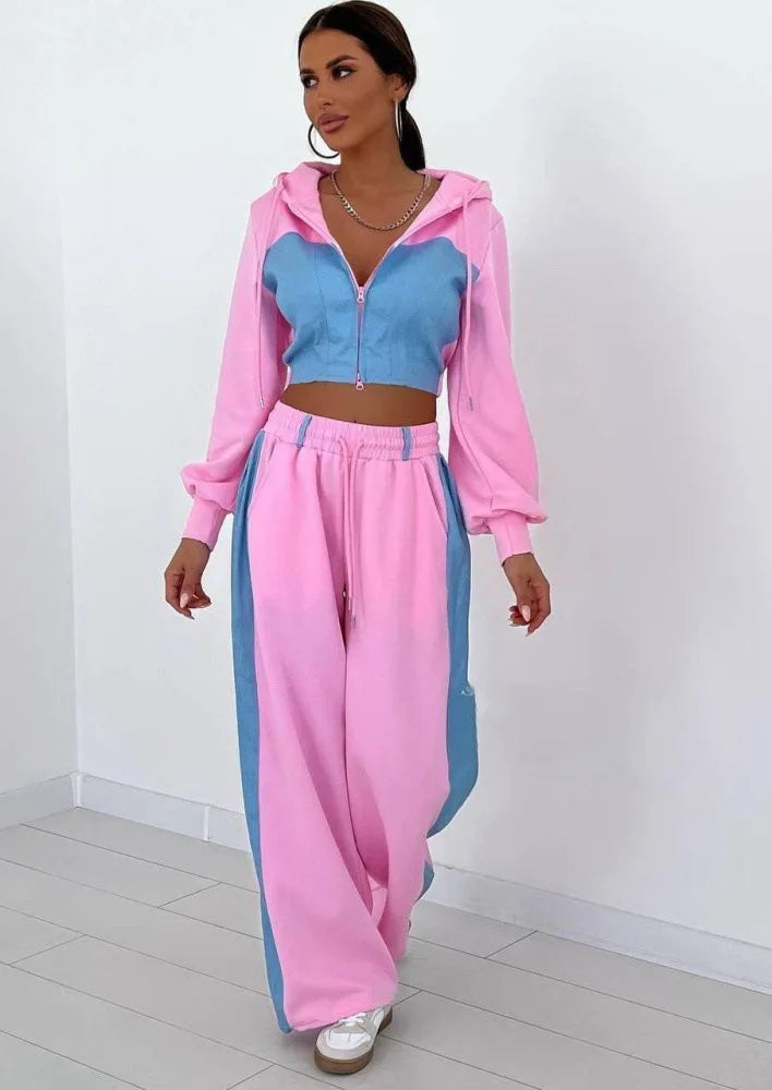 Maxy Casual Patchwork Denim 2 Piece Sets Women Outfit Slim Hoodies Crop Top Wide Leg Sweatpants Suit Streetwear Fashion Tracksuits