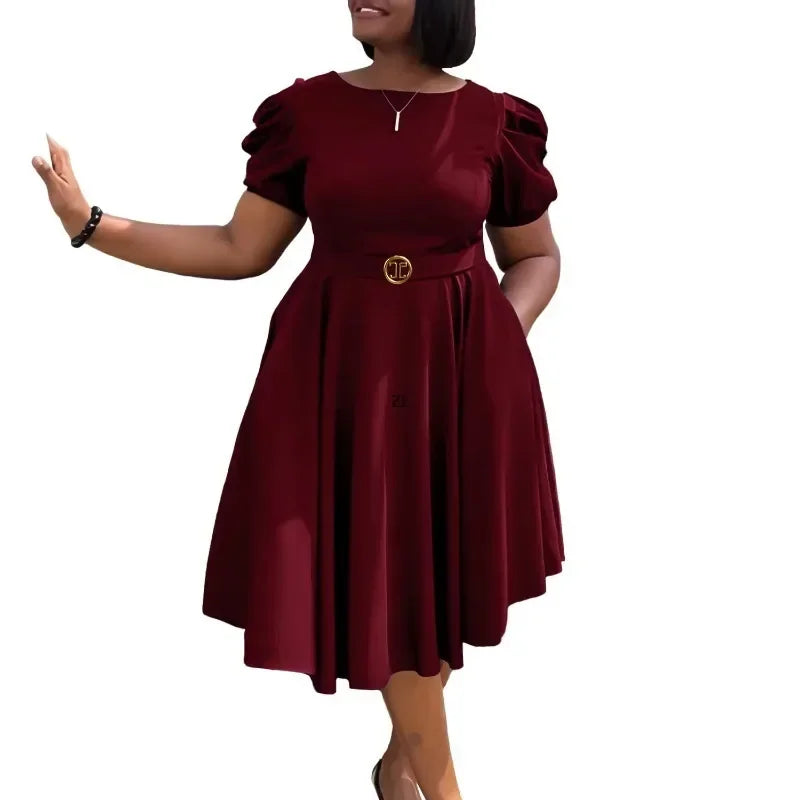 Amay Women's Long Dress Classic New Commuter Round Neck Temperament Elegant Cinched Waist Bubble Sleeve A-line Dress Retro OL