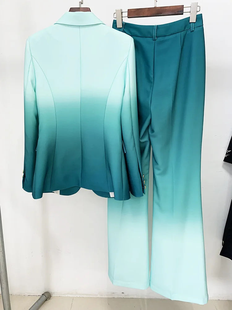Maxy High Quality Gradient Color Suit Bell Bottoms Design Office Formal Female Fashion Sexy Elegant Graduation Dress Club Formal