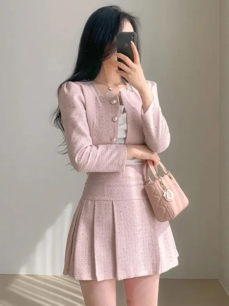 Maxy High Quality spring Small Fragrant Two Piece Set Women Outfit Short Jacket Coat + Skirt 2 Piece Sets Conjuntos Cortos