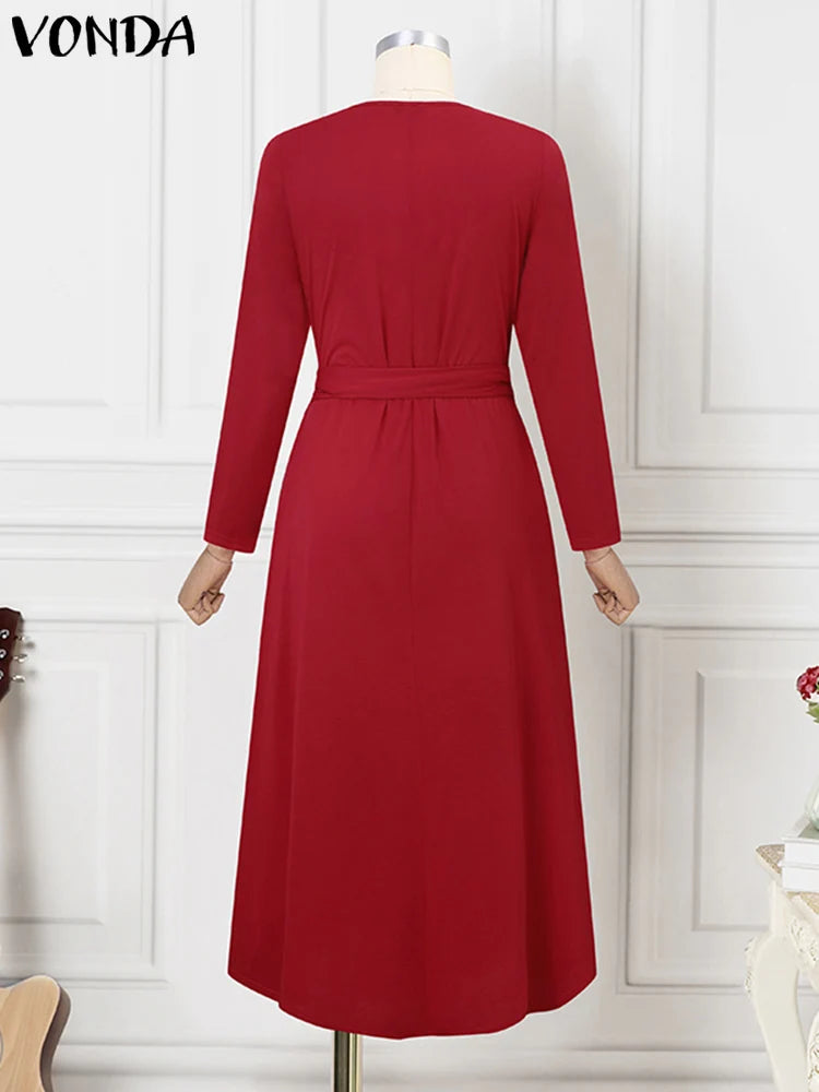 Maxy Plus Size 5XL Women Long Sleeve Elegant Dress Round Neck Solid Color A Line Belt Lace Up Party Evening Robe Femme
