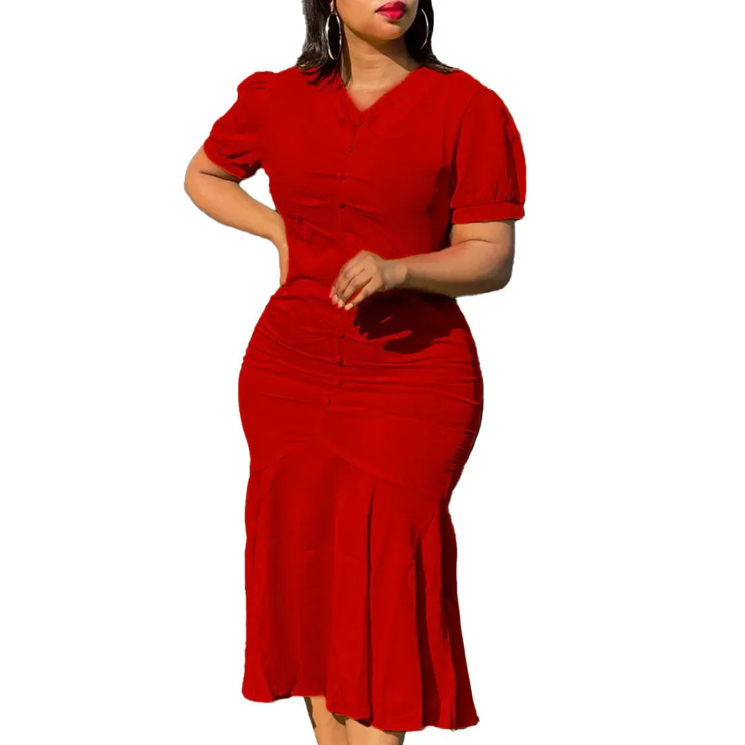 Amay Summer Elegant African Women V-neck Polyester Green Black Red Short Sleeve Dress S-3XL African Dresses for Women