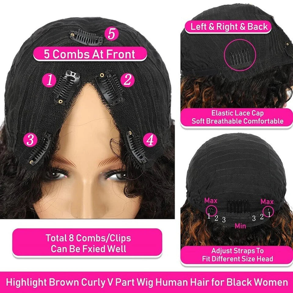 Amay Water Wave Curly V Part Wigs Natural Black Wear To Go Glueless Human Hair Wigs Upgrade V Part Wig Curly Human Hair 180% Density