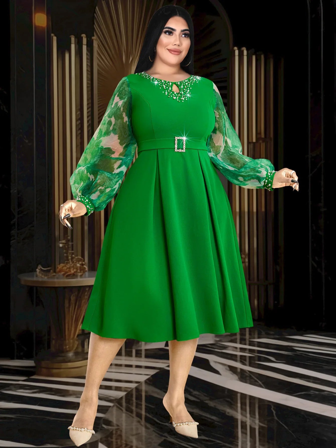 Macy Green Elegant A-Line Dress For Women O Neck Beading Printed Long Puff Sleeve High Waist Formal Church Event Gowns Plus Size 4XL