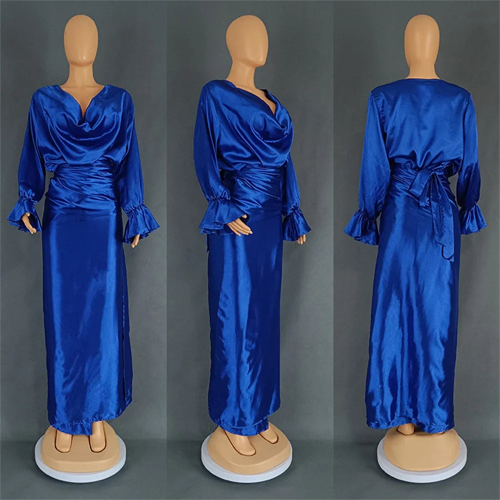 Maxy Elegant Women Summer Dress 2 Piece Set Shiny Satin Pile Collar Long Sleeve Tops and Wrap Midi Skirt Suit Party Church Clothes