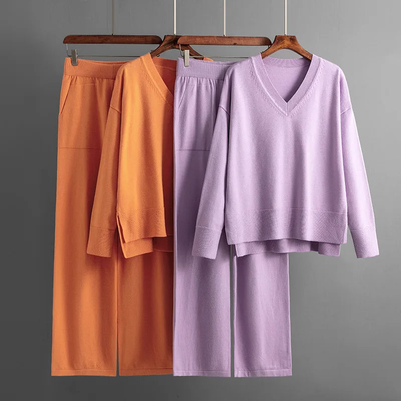 Macy Knit Sweater 2 Pieces Sets Women Loose V-neck American Tops Conjuntos Waist Ankle Length Wide Leg Pants Tracksuit E1136