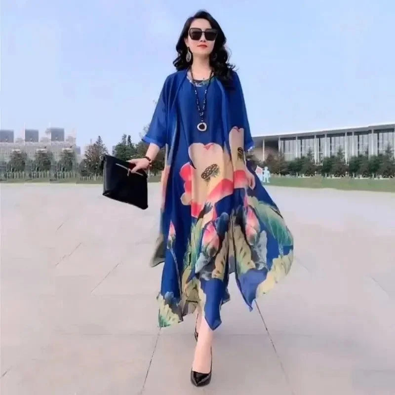 Maxy Middle Aged Mother Dress Suit Summer Casual Fashion Printing Two Piece Suits Long Dress Suits Women Temperament Dress Sets 729