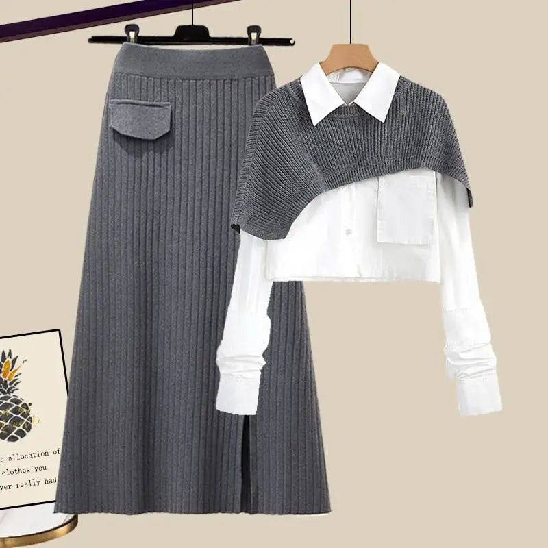 Maxy Women's Autumn and Winter Set New Loose Shawl Shirt High Waist Knitted Half Skirt Minimalist Fashion Two Piece Set