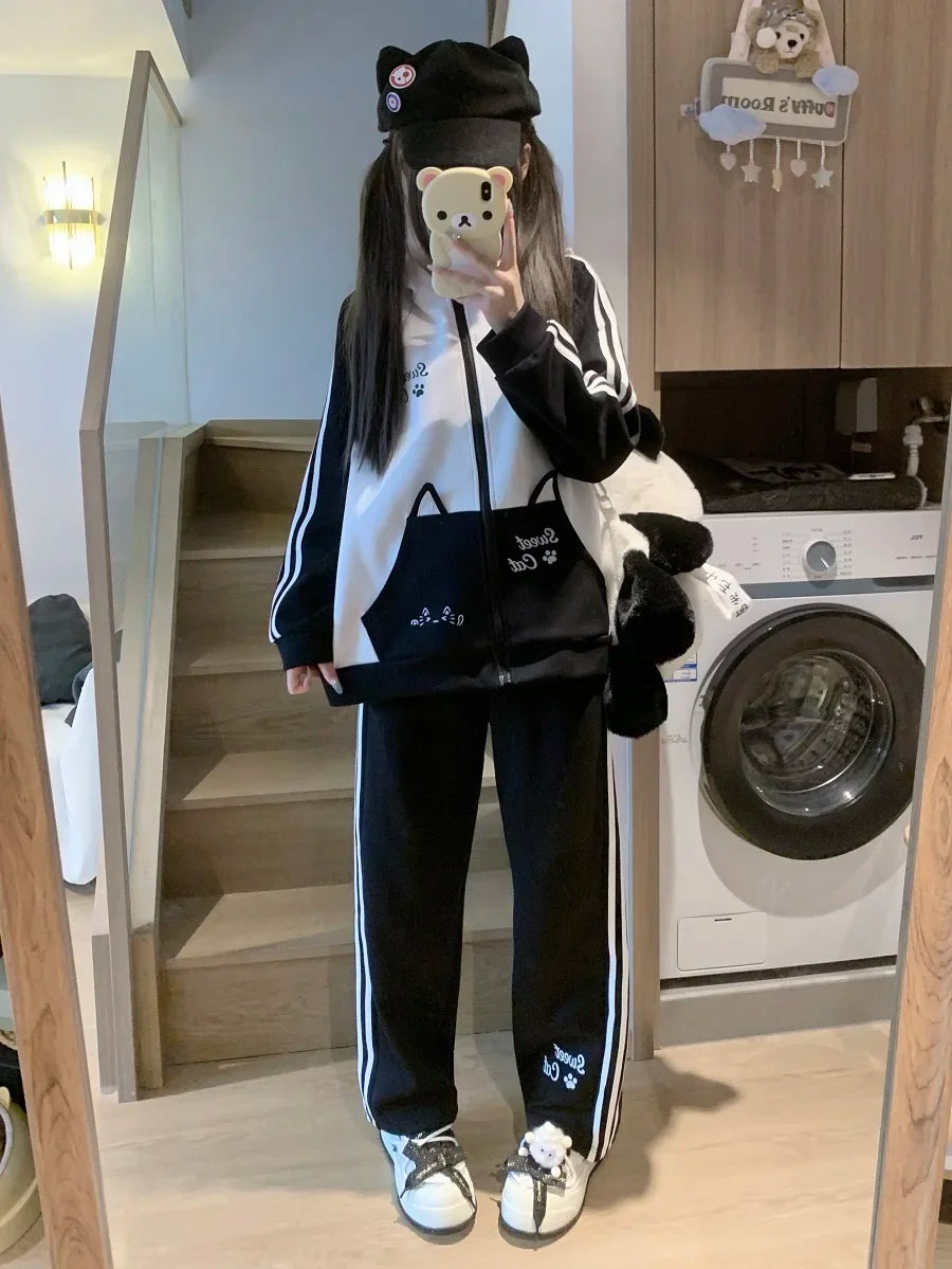 Maxy Fashion pants suit Autumn and Winter Sweet Sports Suit Female Japanese College Style Hooded Thickened Two-piece Set for Women