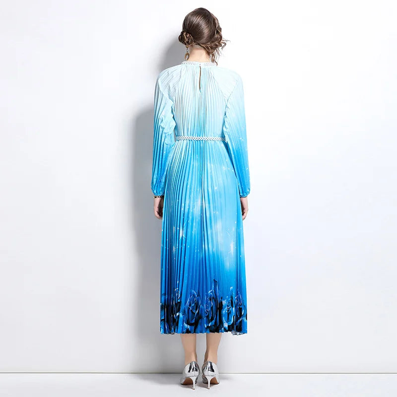 Maxy Premium Embroidered & Heat-Set Chiffon Dress for Women, Flowy Print with Pleats, Pearl-Button Accent, Elegant Maxy Skirt