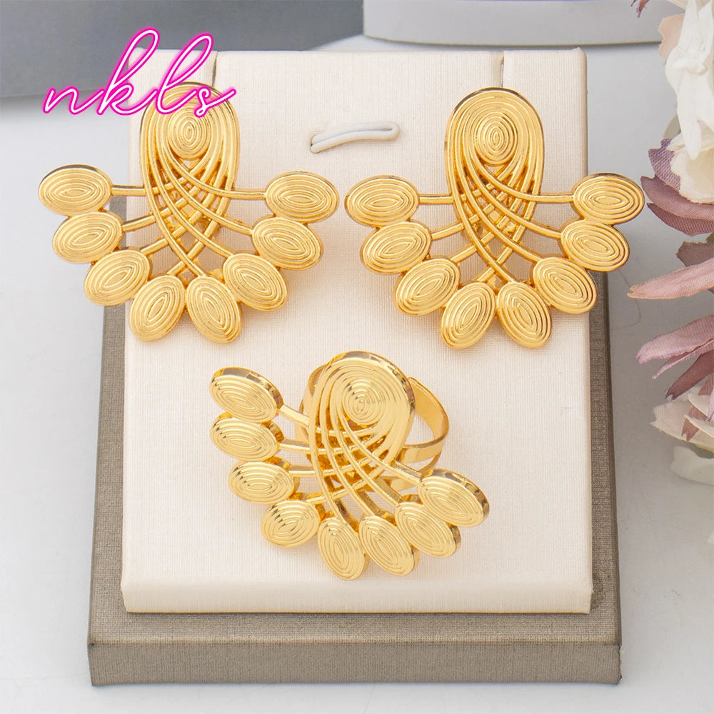 Maxy Gold Color Fashion Earrings and Ring Set Dubai Trend Jewelry Set for Women Luxury Bride Wedding Jewelry Daily Wear Party